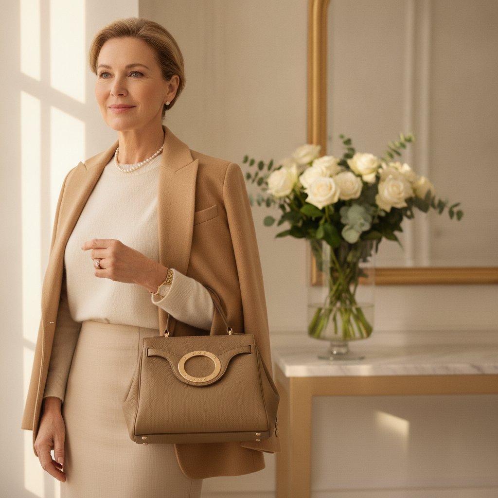 Elegante Frau mit hochwertiger Lederhandtasche in warmem, hellem Ambiente
